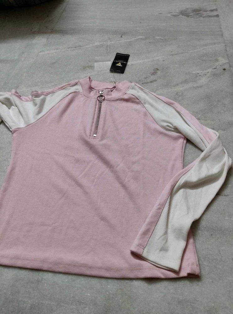 Pink Ribbed Zip-Up Top