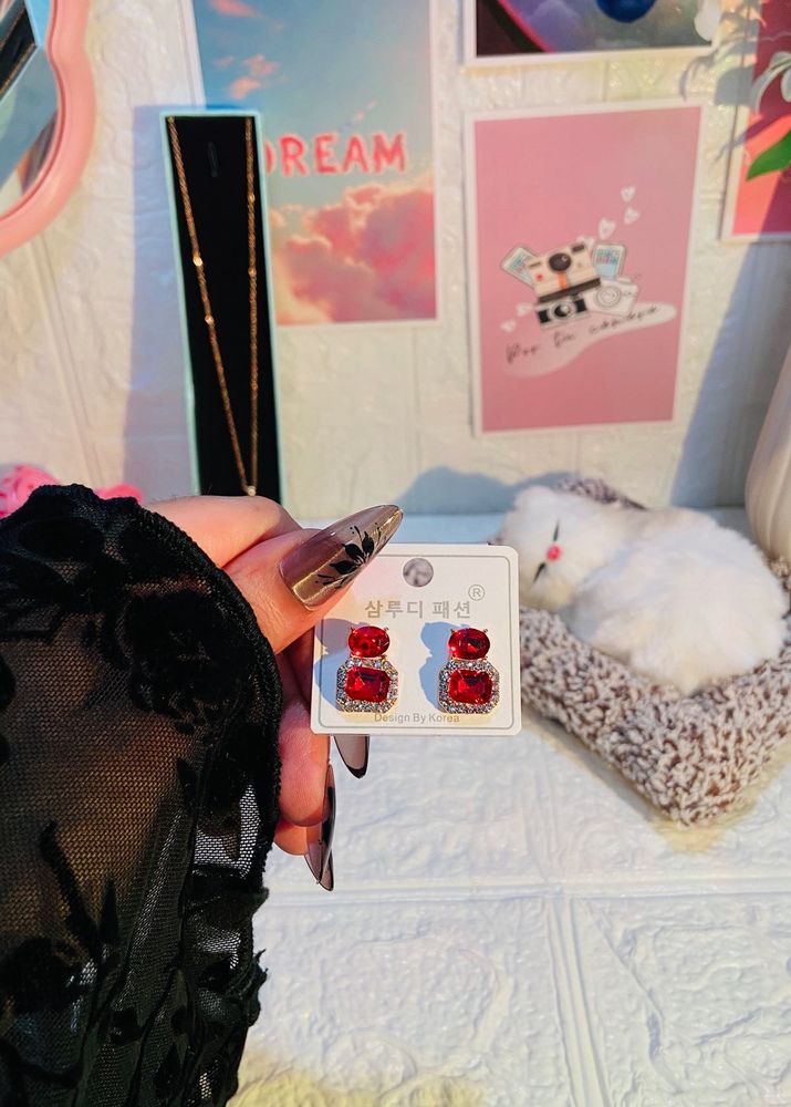 Sparkling Red Gemstone korean Drop Earrings