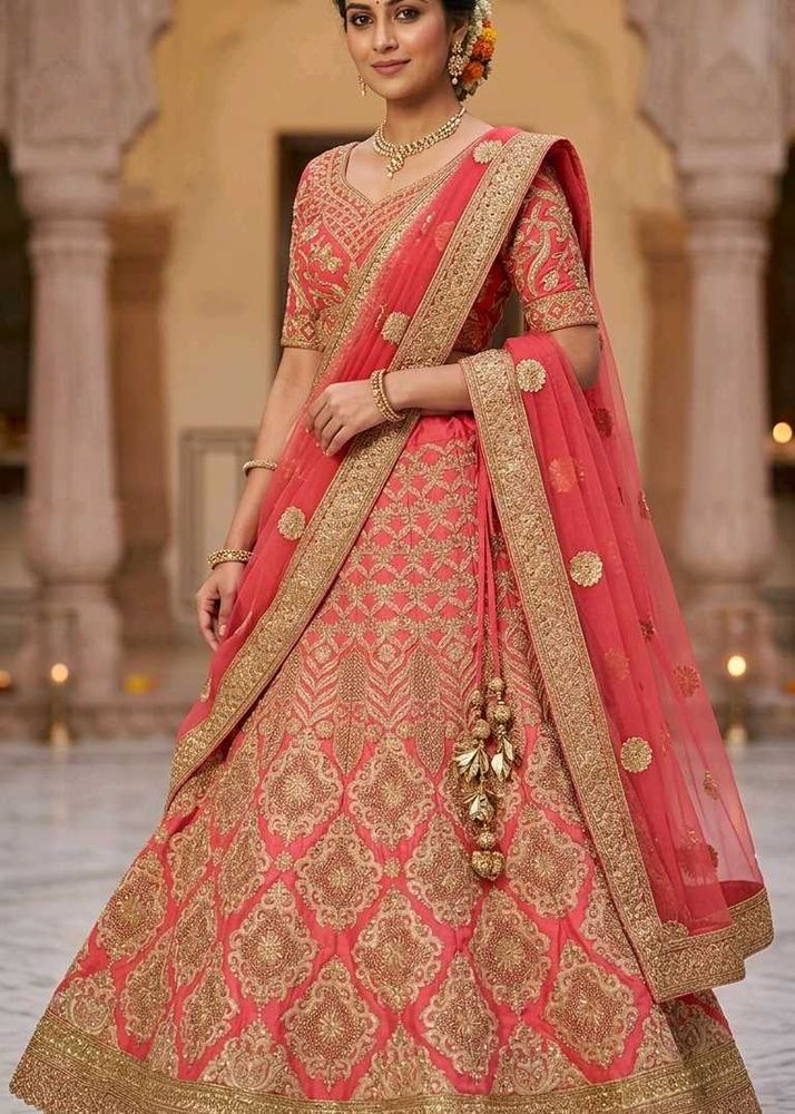 Stunning Coral &amp; Gold Embroidered Lehenga Choli