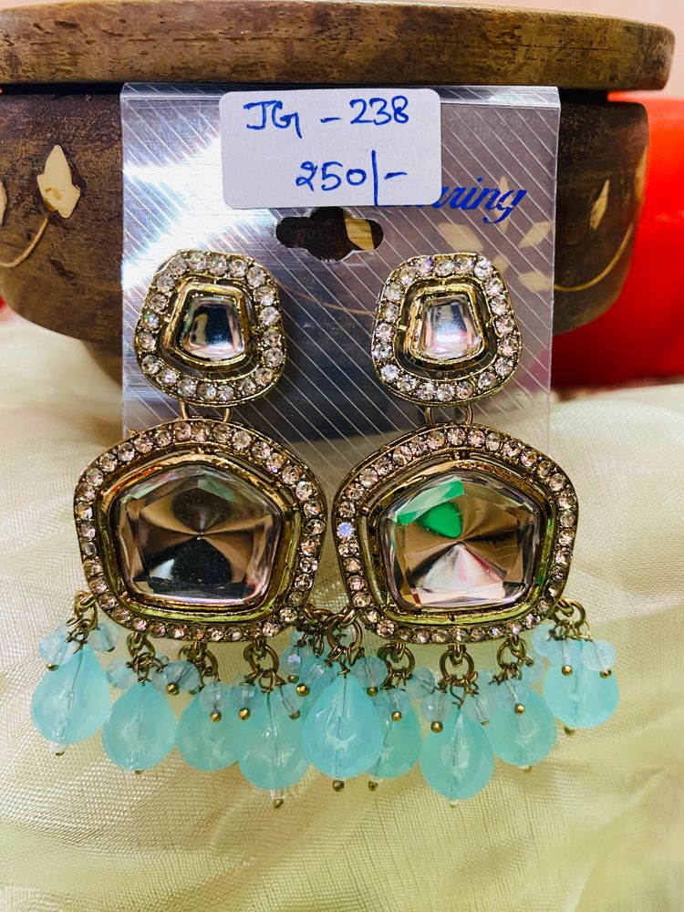 Heavy Kundan With Sky Blue Beads Earrings