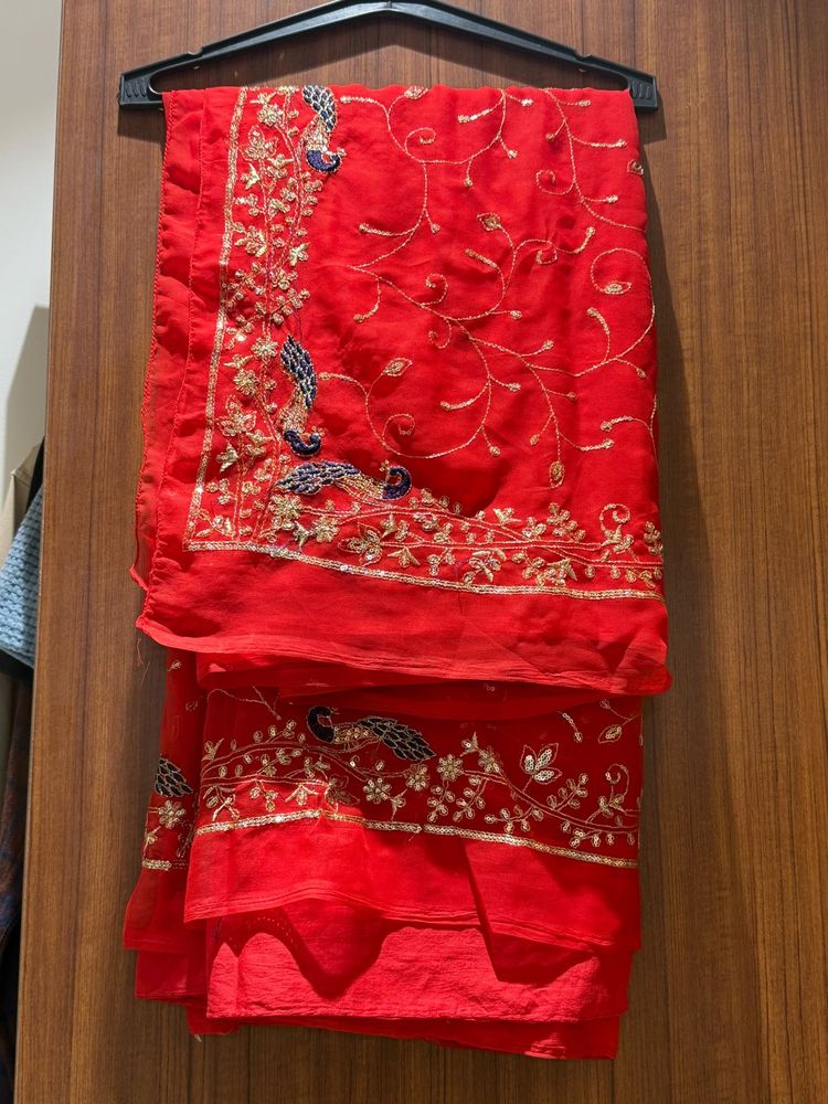 Only Red Saree with Peacock Embroidery