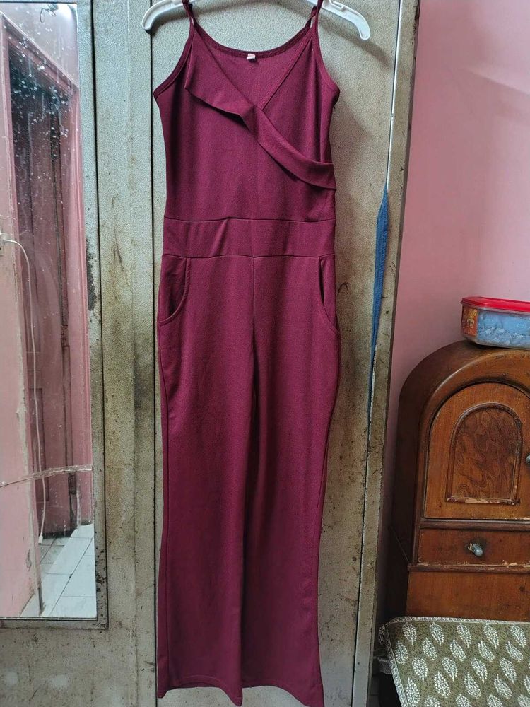 Maroon Sleeveless Jumpsuit with Pockets