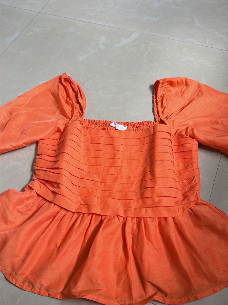 Orange Square Neck Puff Sleeve Top