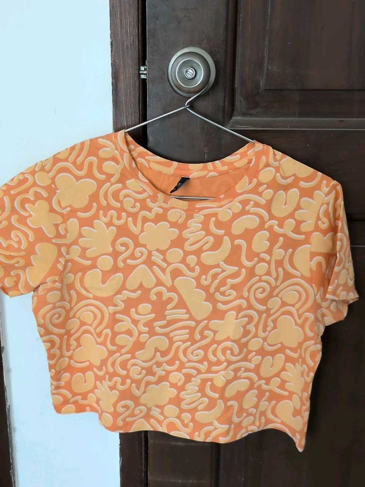 Orange Graphic Print Cropped T-Shirt