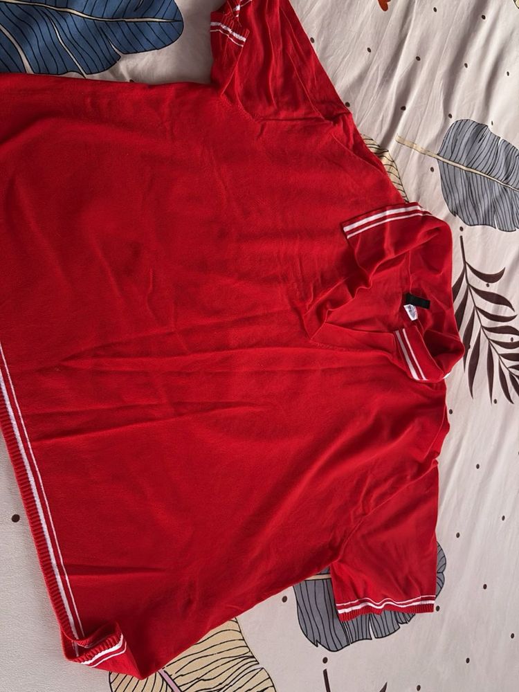 Red Polo Shirt with White Stripes