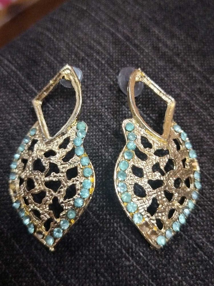 Gold &amp; Teal Leaf Earrings