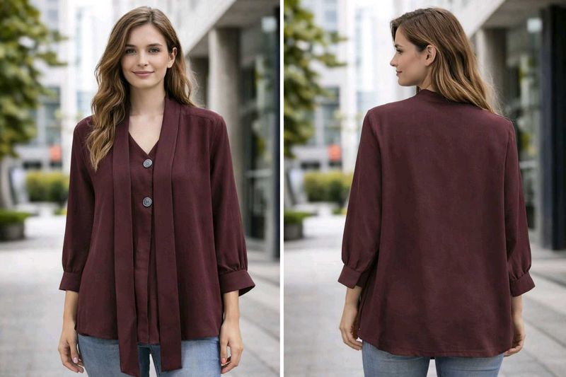 Elegant Burgundy Tie-Neck