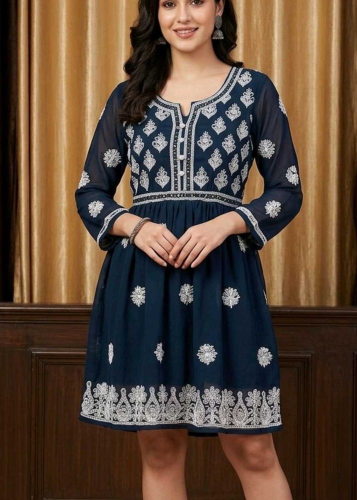 Elegant Navy Embroidered Kurta mirror work