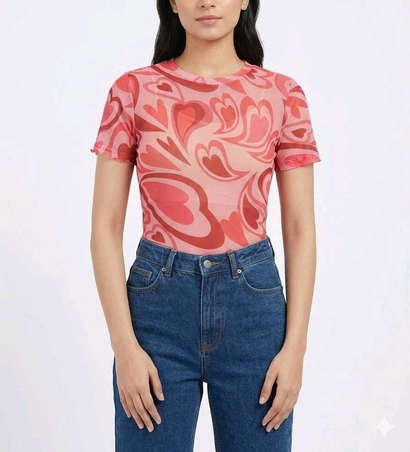 Mesh Heart Print Top