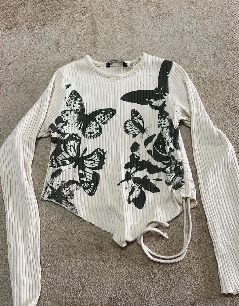 Cream Butterfly Print Ribbed Long Sleeve Top