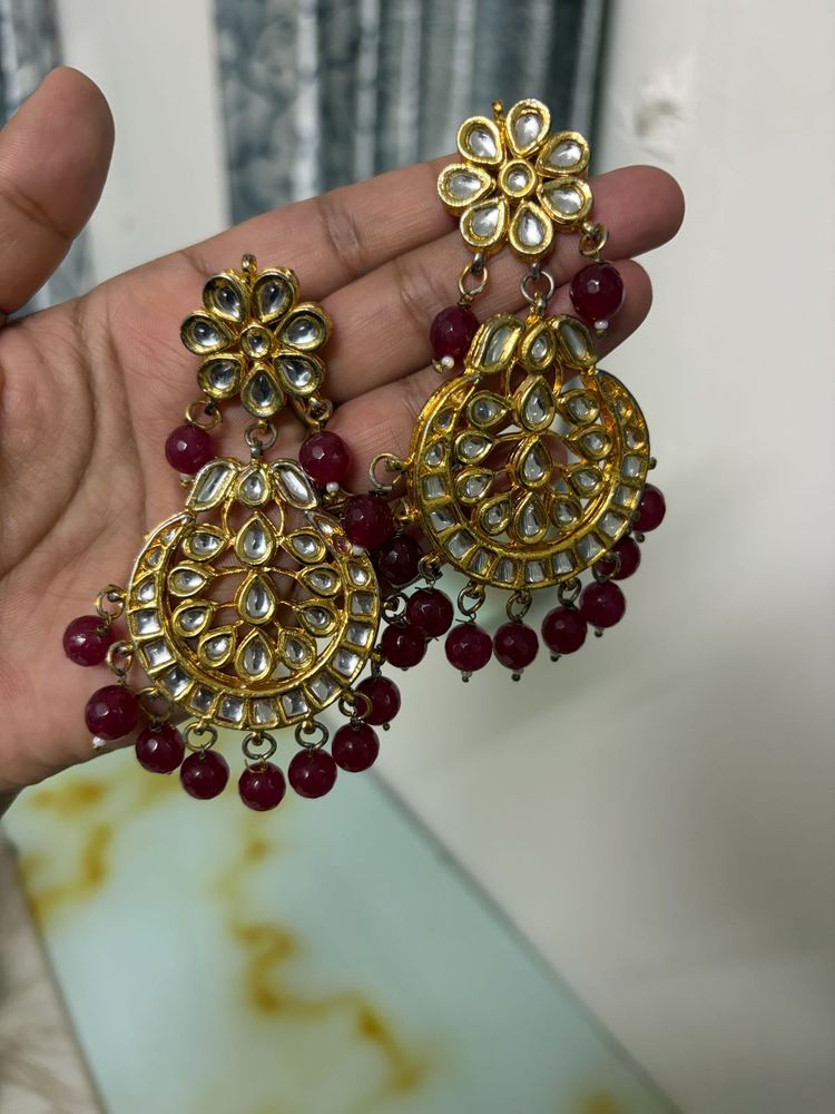 Elegant Kundan &amp; Ruby Dangle Earrings woth maang t