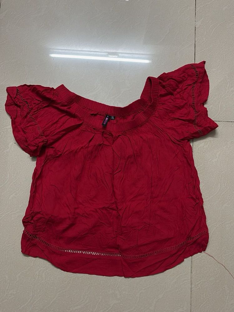 Red Off-Shoulder Flutter Sleeve Top