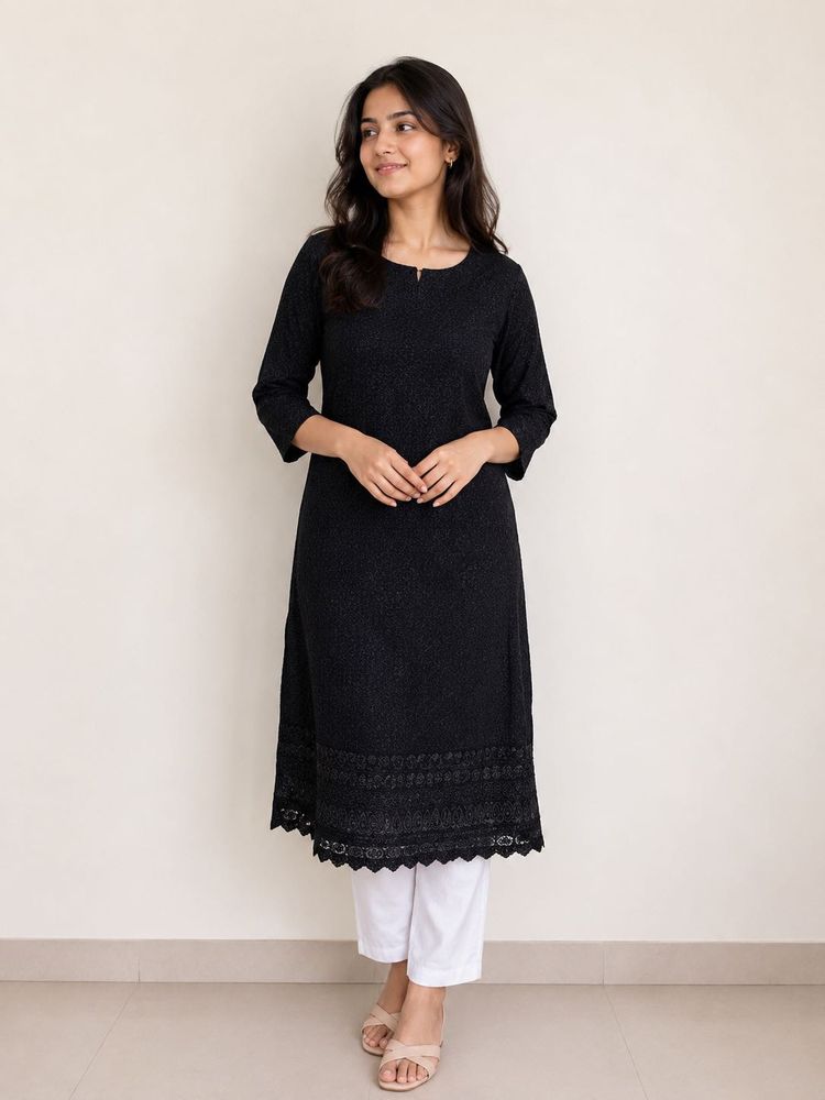 ❗️NEW❗️Black Embroidered Textured Straight  Kurta