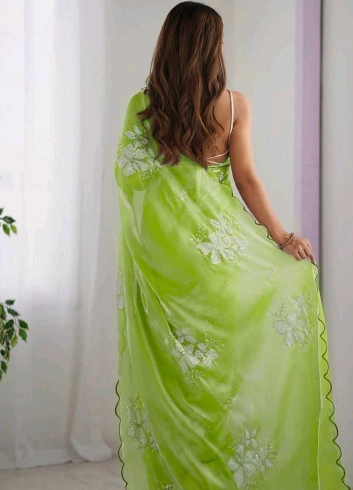 Lime Green Embroidered Saree not used