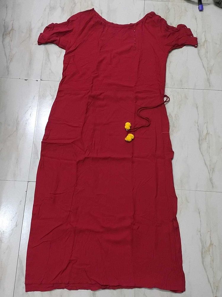 Red Ethnic Kurta with Yellow Tassels
