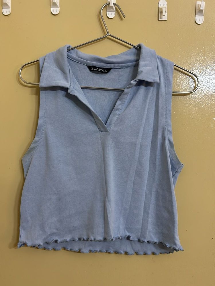 Light Blue Collared Sleeveless Crop Top