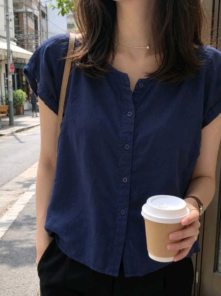 New with tag Navy Blue Collared Button-Up Top