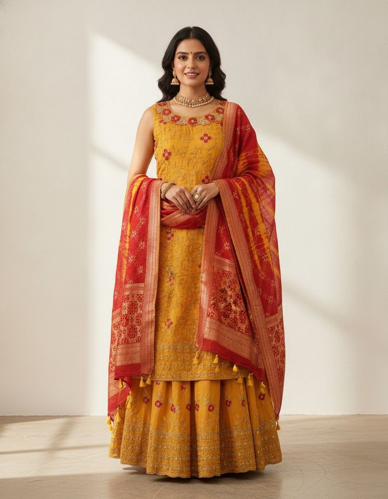 Yellow embroidered kurta sharara set