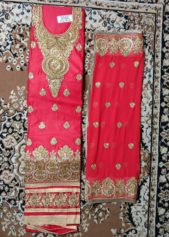 Red &amp; Gold Embroidered Salwar Kamee
