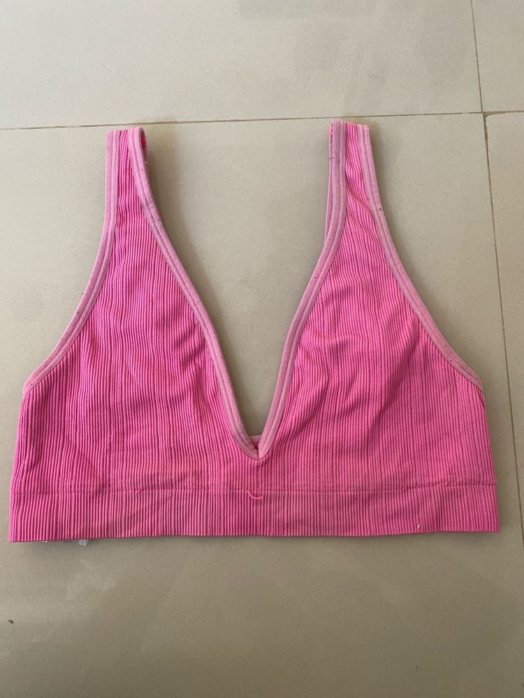 Pink Ribbed V-Neck Sports Bra