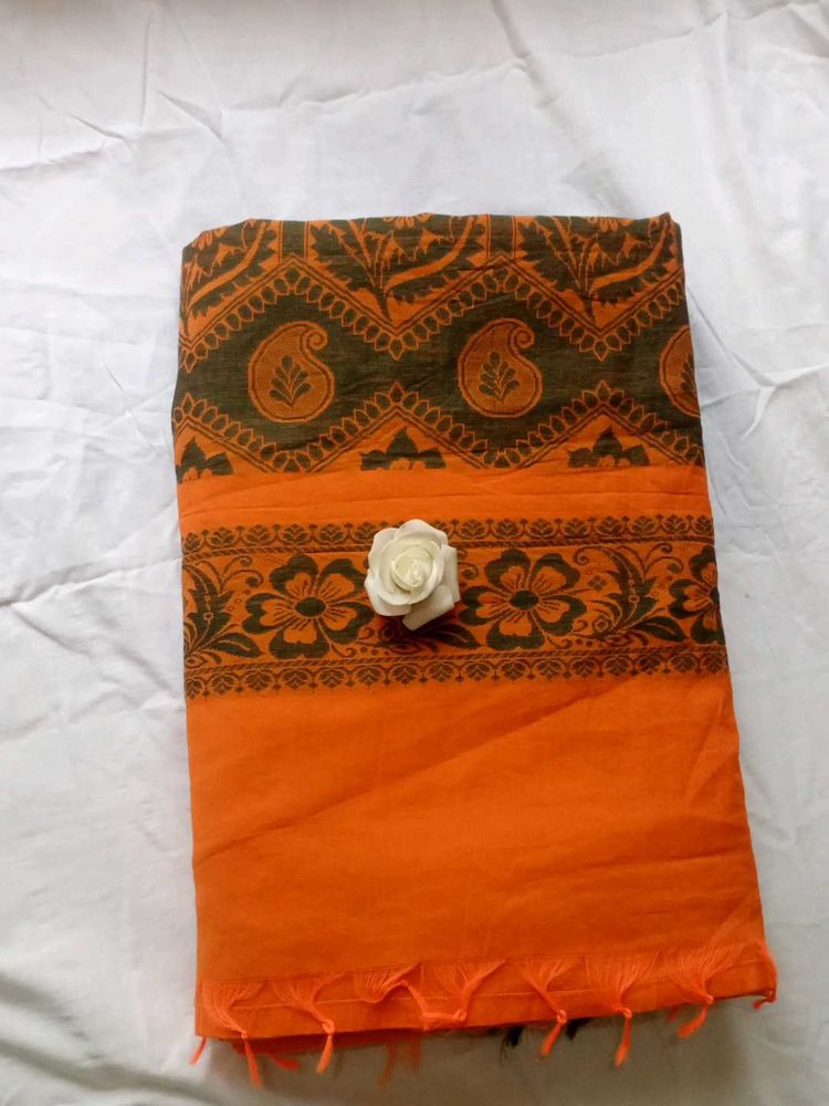 Orange Printed Cotton Saree