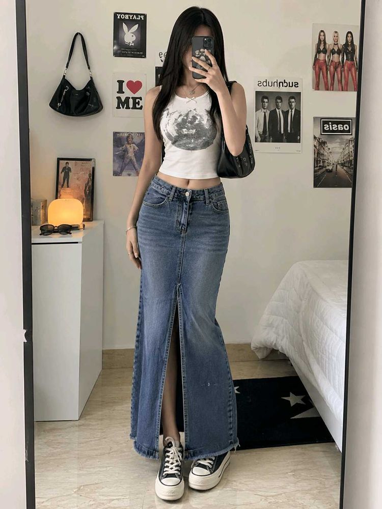 y2k Denim Maxi Skirt with Slit