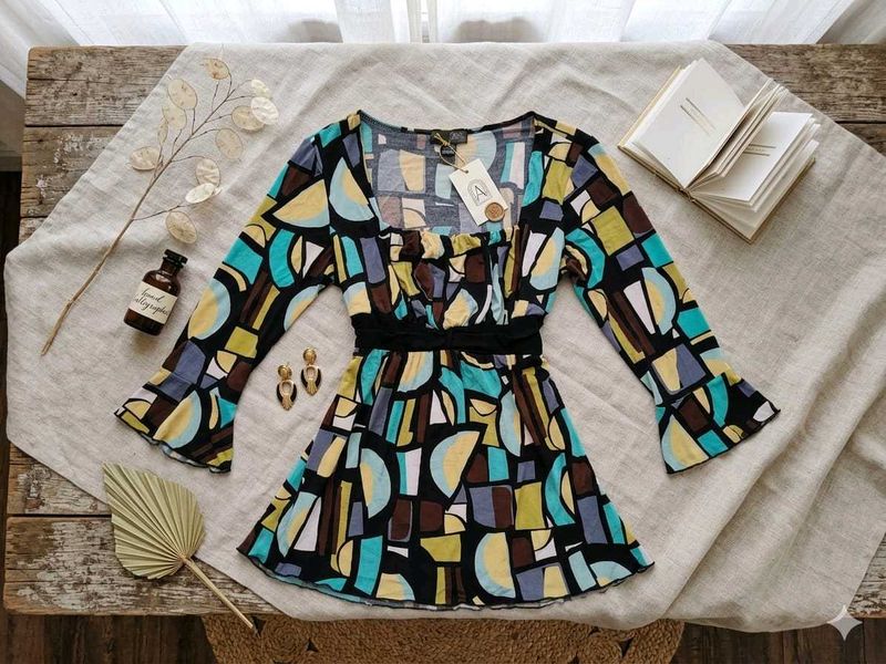 Abstract Print Bell Sleeve Top