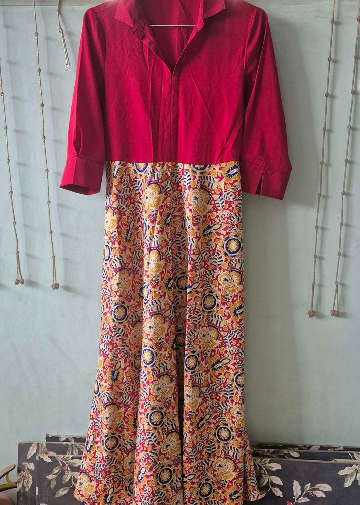 Red &amp; Floral Print Ethnic Gown