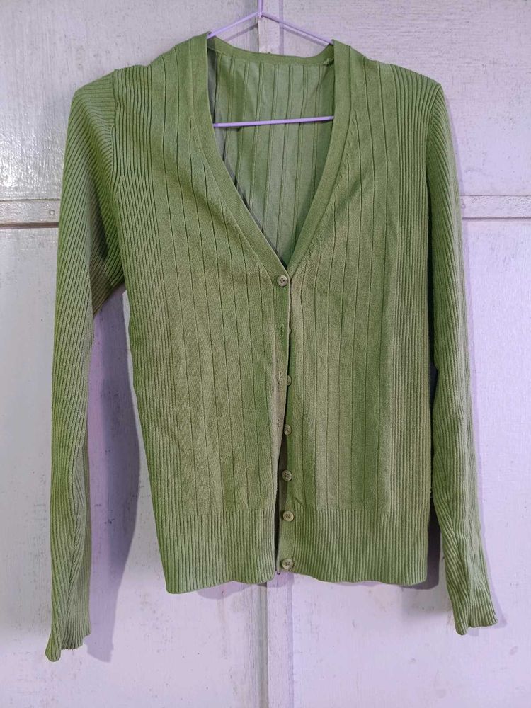 Lime Green Ribbed Button-Up Cardigan