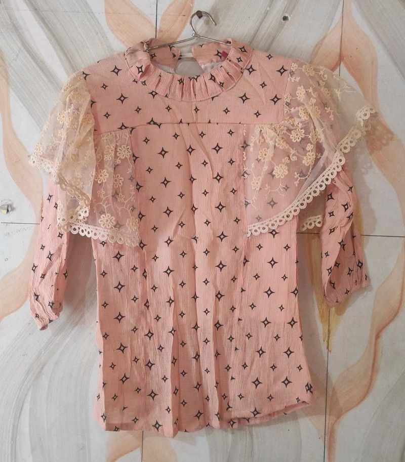 Elegant Lace Trimmed Pink Blouse