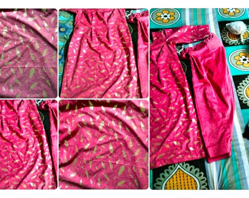 Vibrant Pink Leaf Print Dress &amp; Pants Set