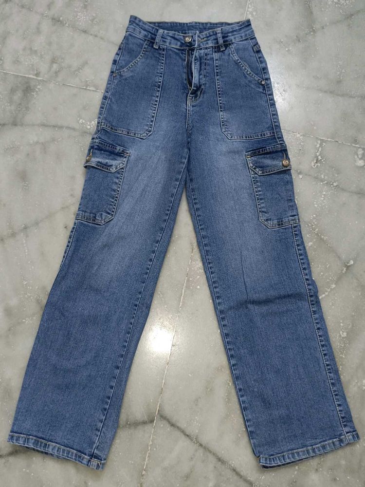 Stylish Women's Blue Cargo Jeans