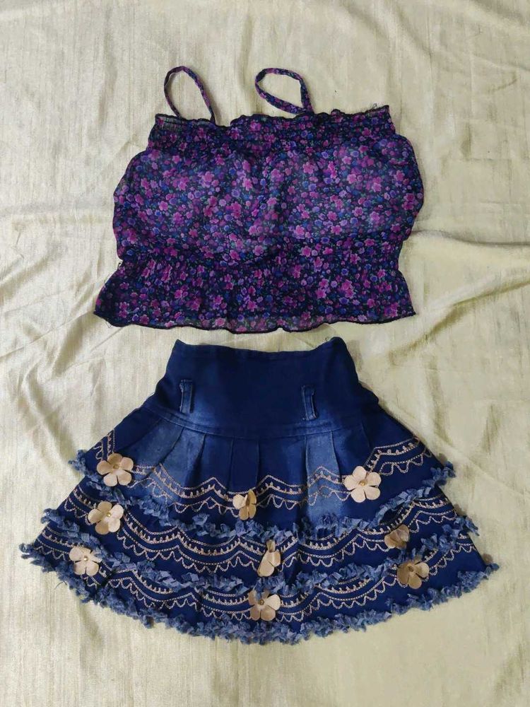 Floral Crop Top &amp; Denim Skirt Set