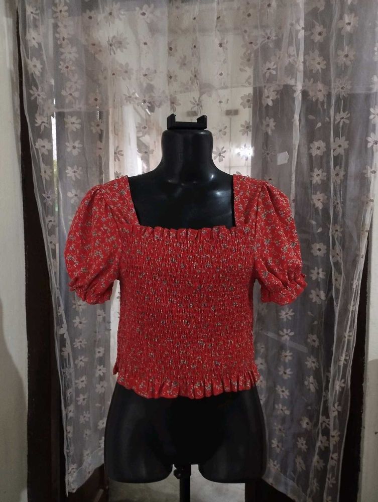 Red Floral Smocked Square Neck Top