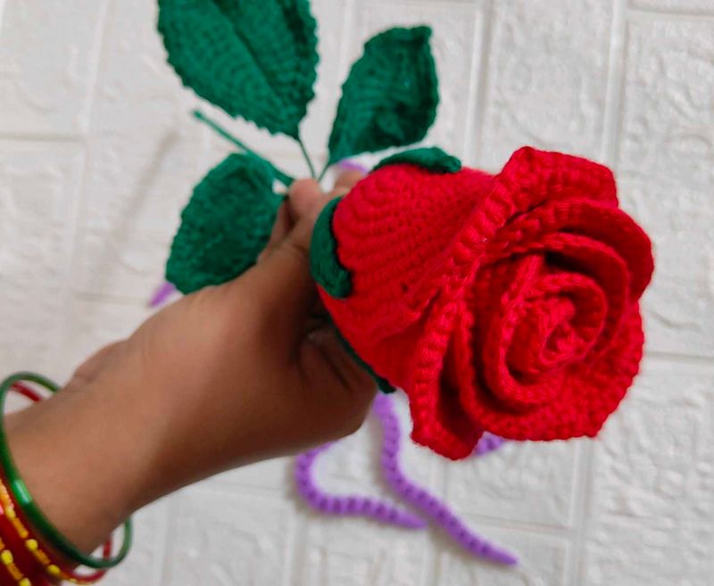 Crocheted Red Rose with Green Leaves