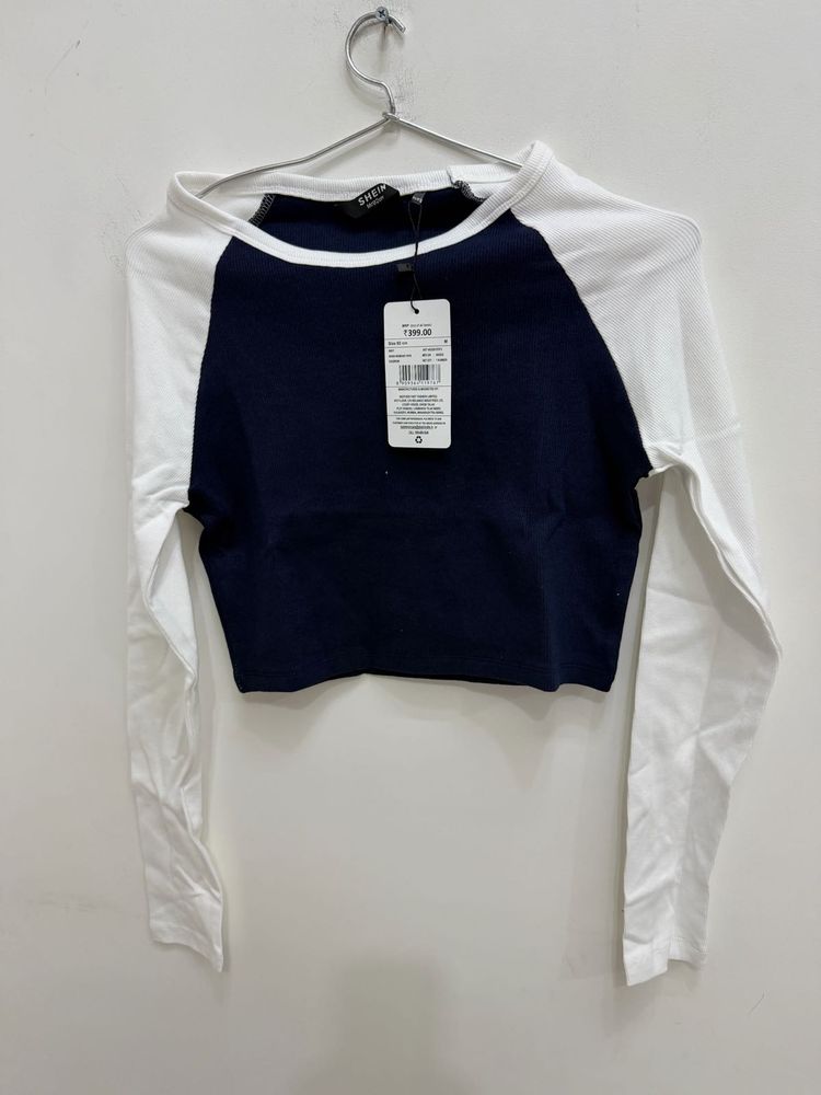 Shein Navy &amp; White Cropped Long Sleeve Top