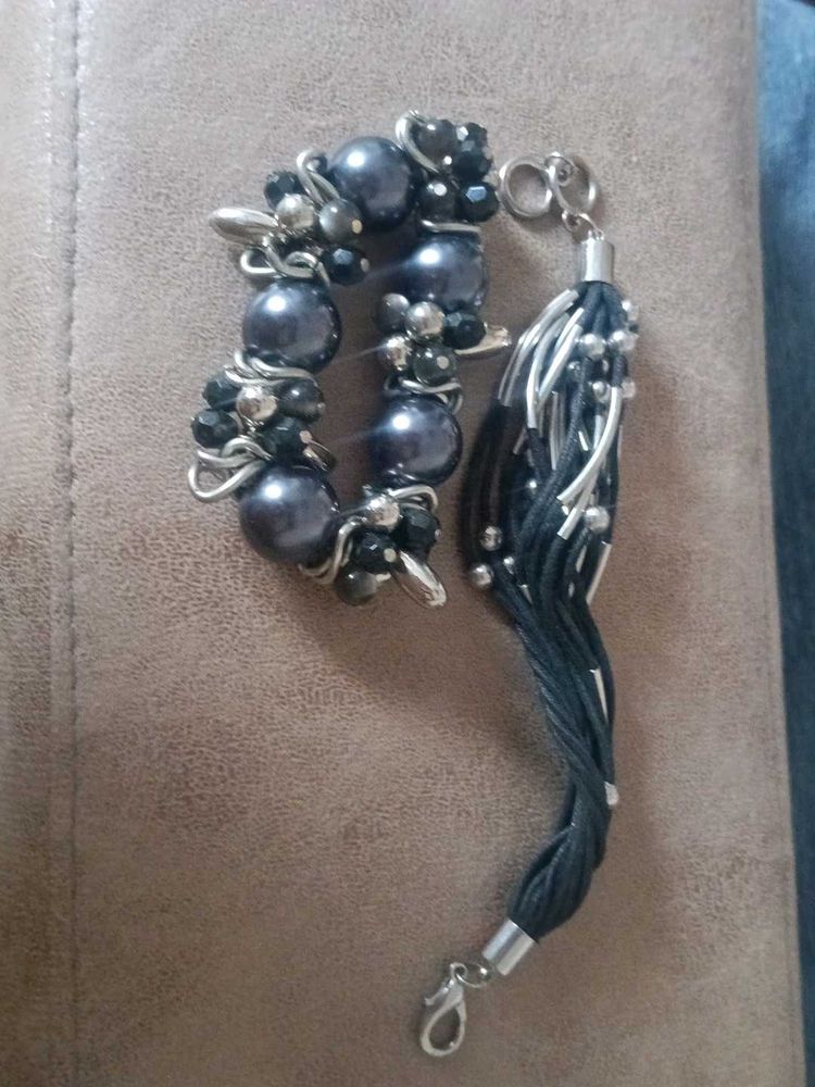 Chunky Pearl Beaded Bracelet with Tassel 2 piece
