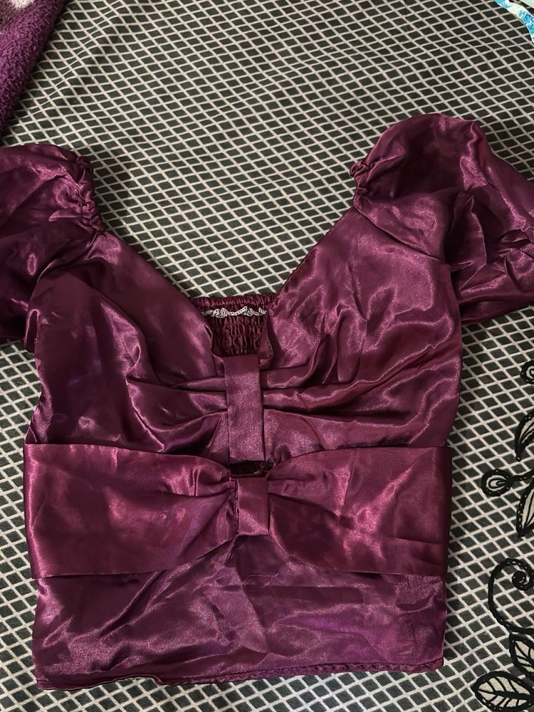Satin Bow Detail Puff Sleeve Top