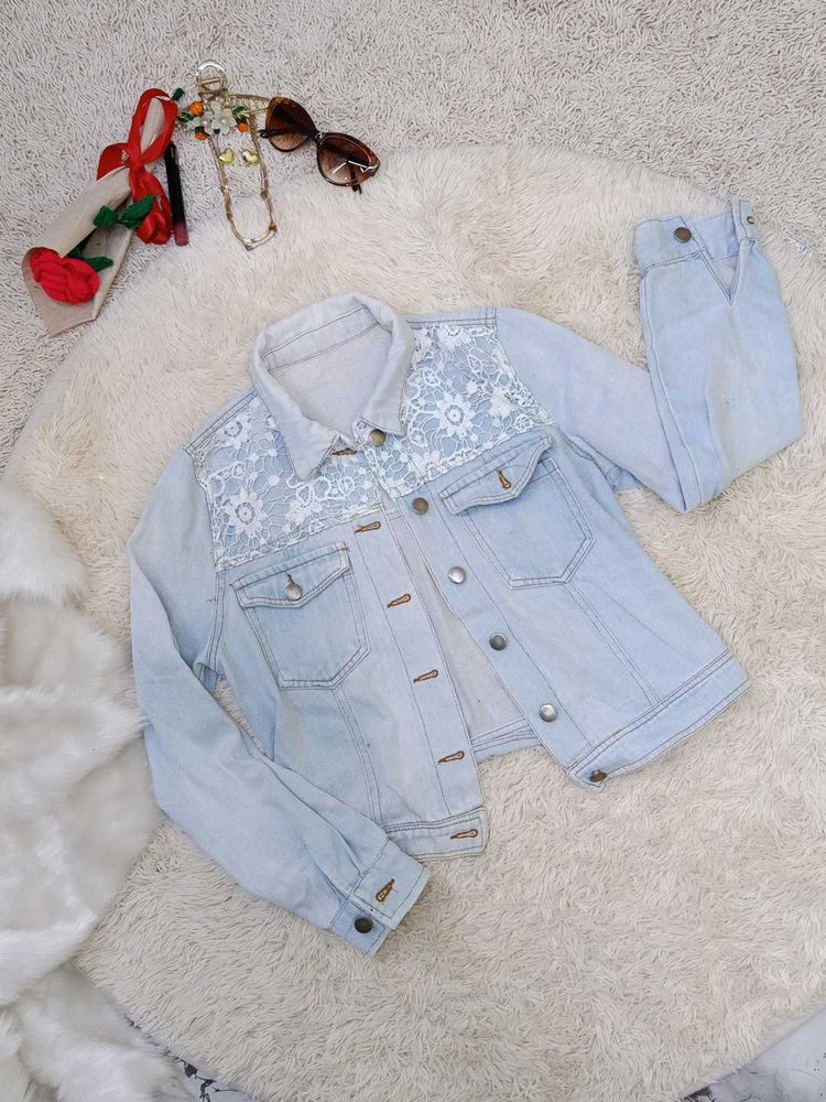 Light Wash Denim Jacket with Lace