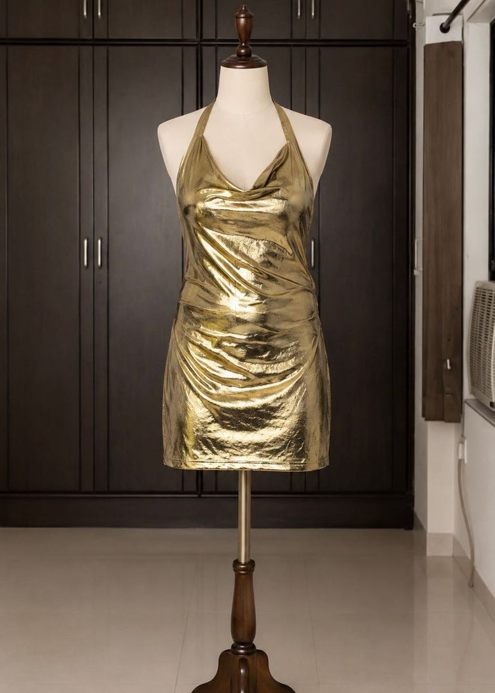 Shiny Gold Halter Neck Mini Dress