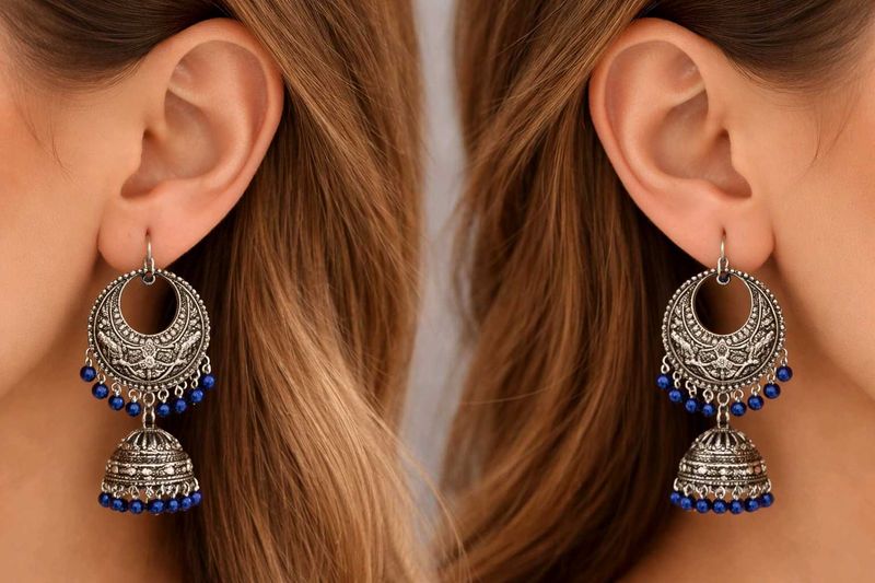Oxidized Silver Jhumka Earrings with Blue Beads
