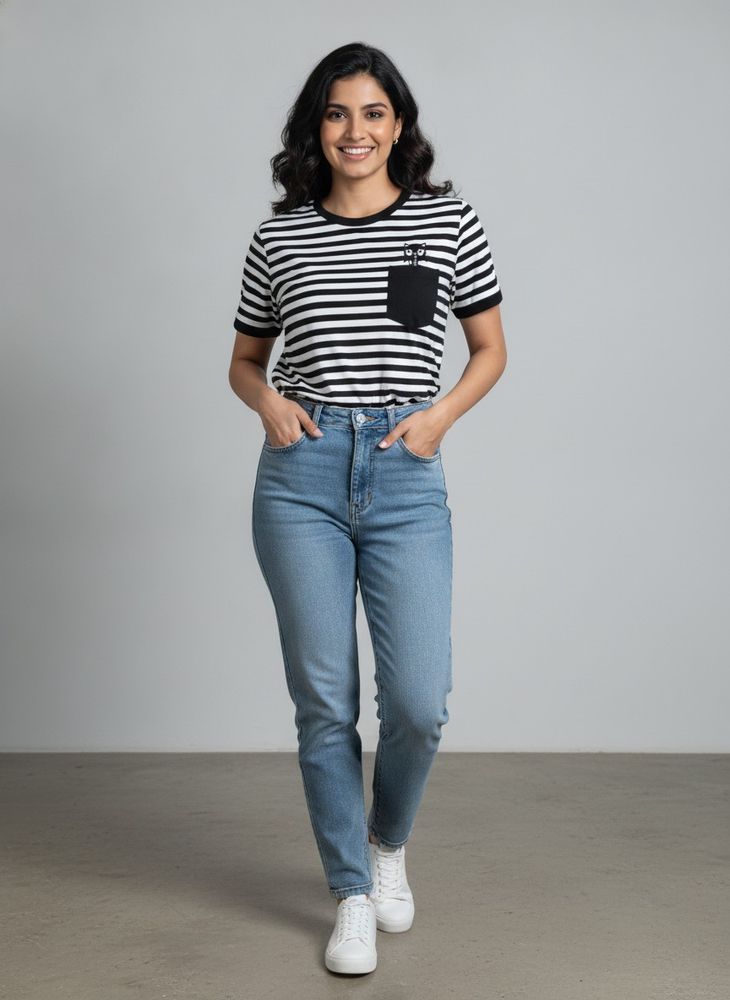 Striped T-Shirt with Cute Cat Pocket