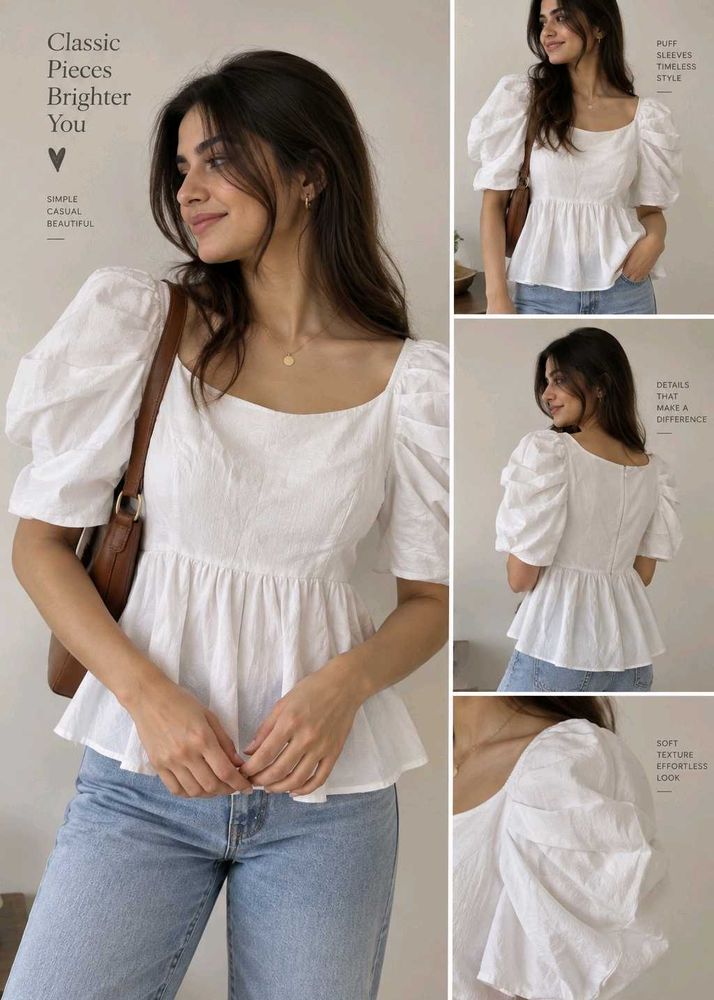 Chic White Puff Sleeve Peplum Top