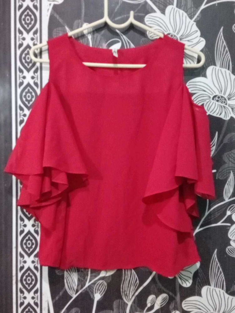 Red Cold Shoulder Ruffle Top