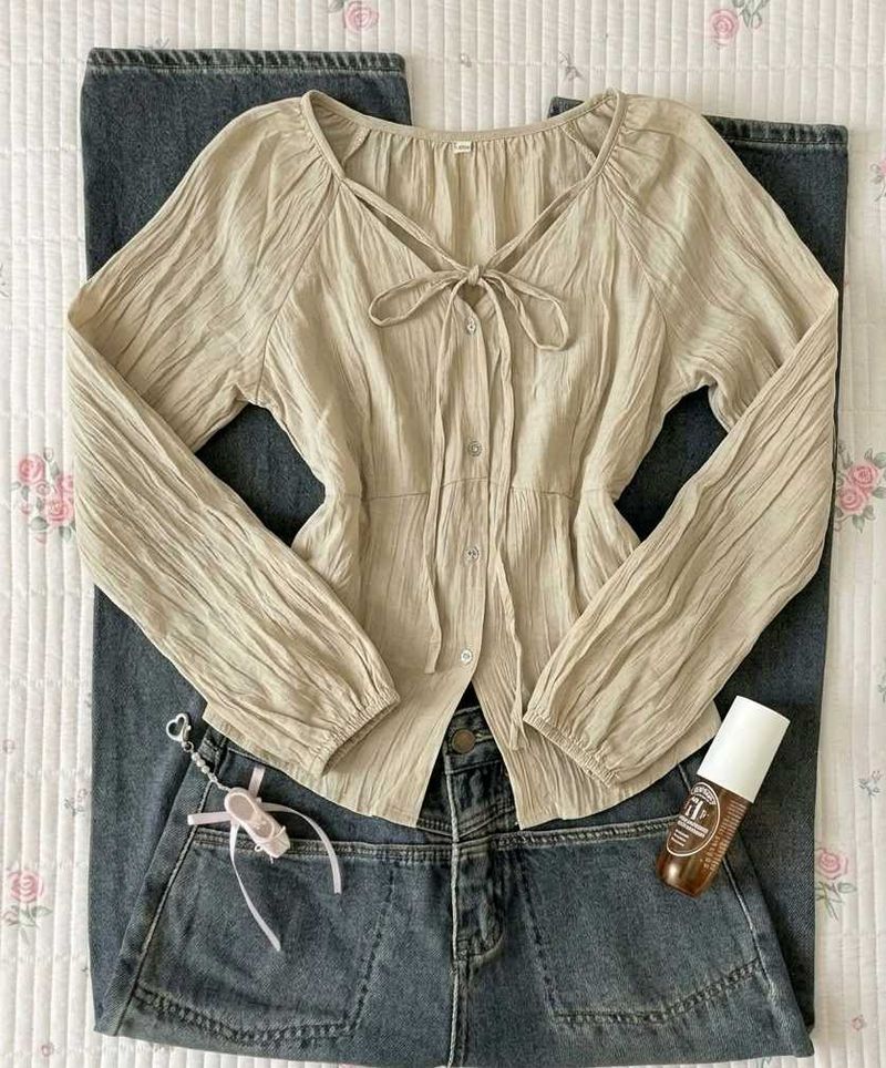 Crushed Fabric Bow Tie Blouse