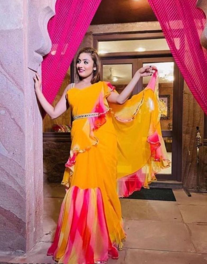 Hot Selling Yellow Frill Saree With Stiched Blouse