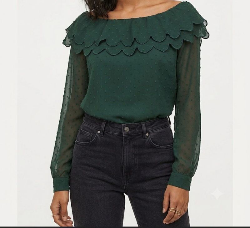 Dark Green Swiss Dot Sheer Ruffle Blouse