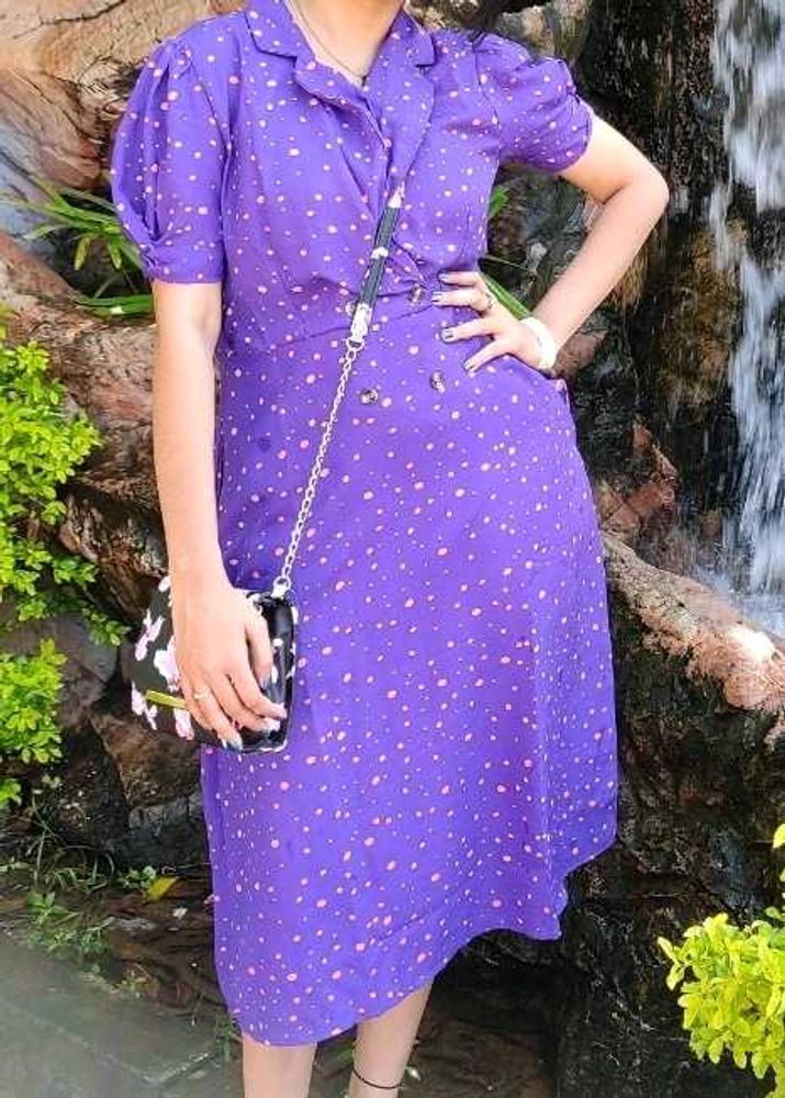 Purple Polka Dot Midi Dress