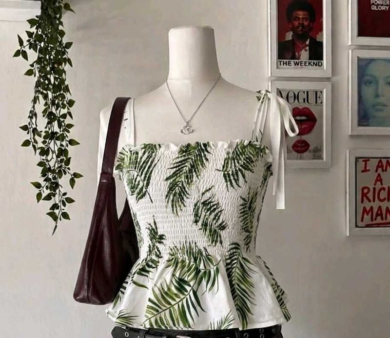 🍃 Leaf Print Smocked Peplum Top 🍃