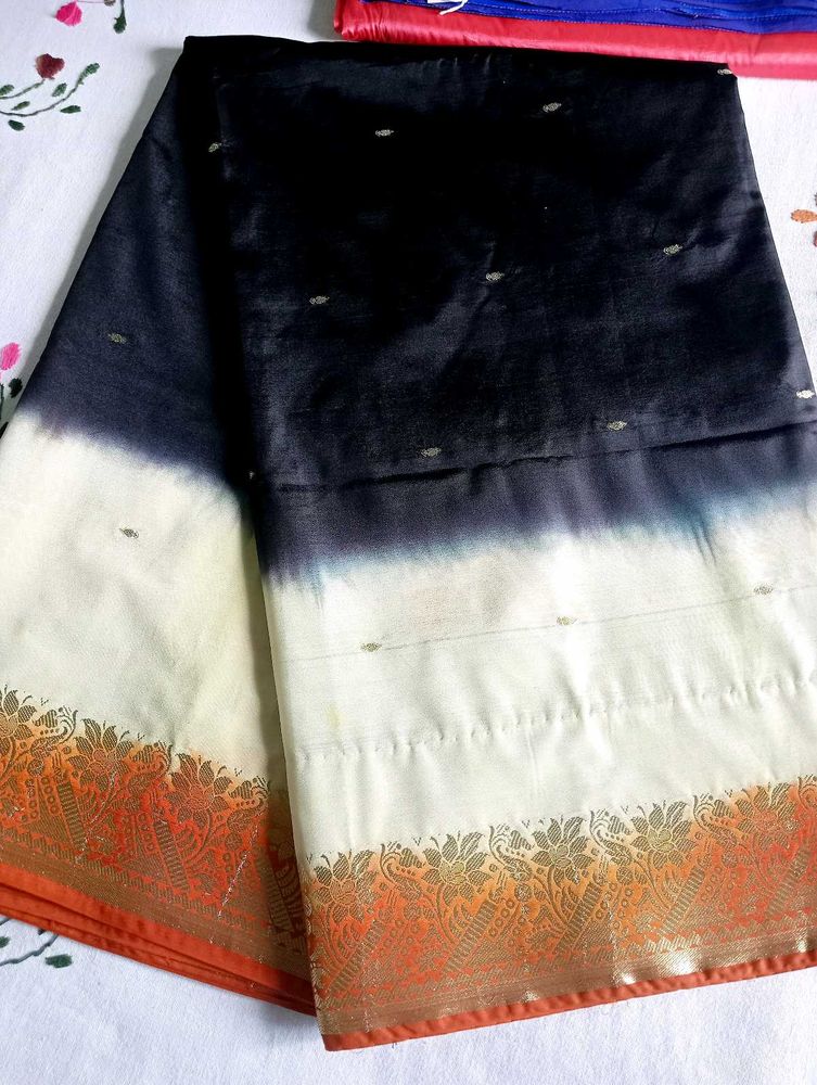 Elegant Black &amp; White Saree with Orange Border